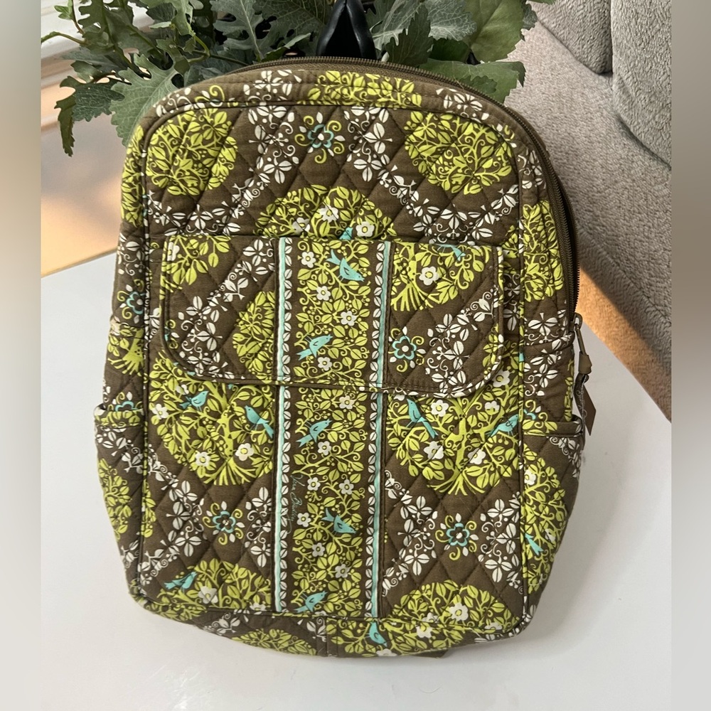 Vera Bradley Green Floral Birds and Vines Quilted book bag backpack